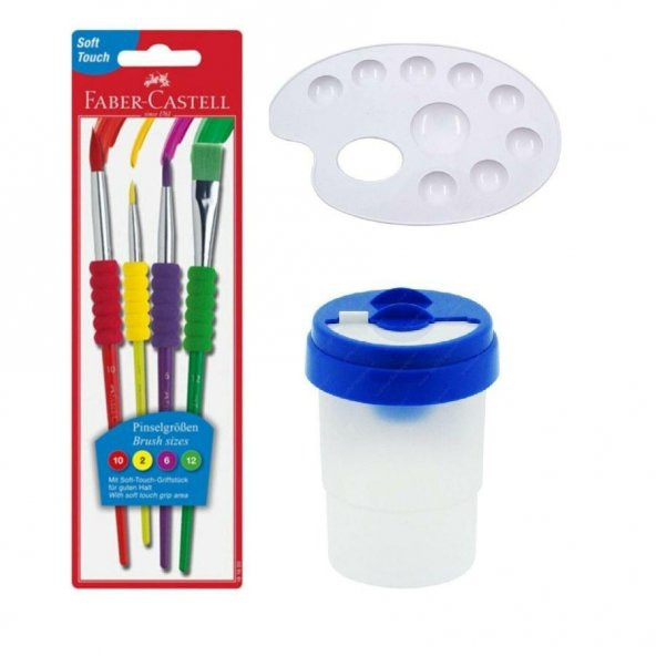 Fırça Seti 4 lü Fırça Temizleme Kabı ve Resim Paleti 1 Adet Faber Castell Fırça Takımı ve Resim Paleti Su Kabı
