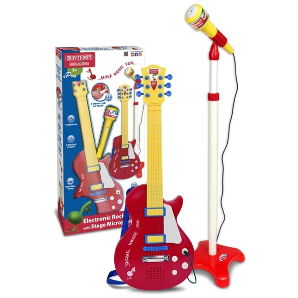 Bontempi Elektronik Rock Gitar Tuşlu Telli Askılı Ayaklı Mikrofon Kırmızı