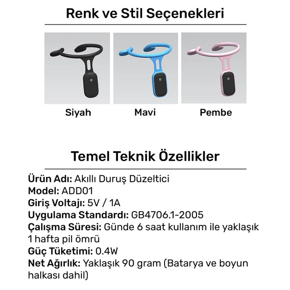 NPO ADD01P Şarjlı Titreşimli Otomatik Hatrlatıcı,Kamburluk Giderici Ergonomik Akıllı Duruş Düzeltici - 3