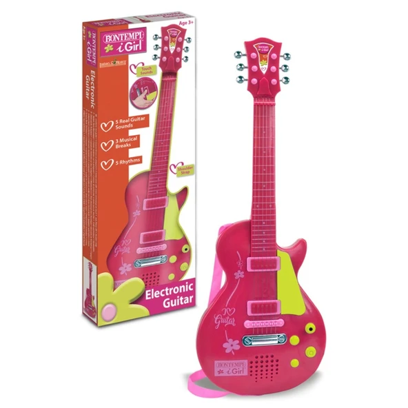 Bontempi Elektronik Rock Gitar Tuşlu Telli Askılı Kırmızı 56 Cm Pembe