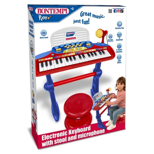 Bontempi Elektronik 37 Tuşlu Ayaklı Mikrofonlu Işıklı Tabureli Org Seti Kırmızı - 4
