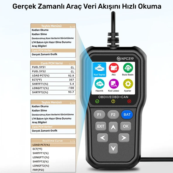 NPO NPC319 2.4" Türkçe OBDII/EOBD+CAN Modlu 63000 Hata Hafızalı Araç Arıza Tespit/Silme Cihazı - 4