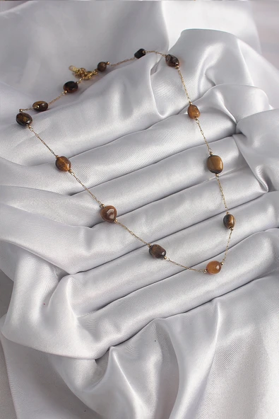 316L Çelik Gold Renk Zincir Kahvrengi Doğaltaş Model Kadın Kolye - TJ-BKO9661 - 2