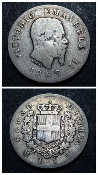 Escoines Koleksiyon 39963680231e9c9499 1863 Italya 1 Liret Gümüş 4,90 Gram Temiz+ Milan eski para