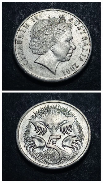 Escoines Koleksiyon 39963680e57cf100ab 2001 Avustralya 5cent Dikenli Karıncayiyenler ÇÇT madeni para
