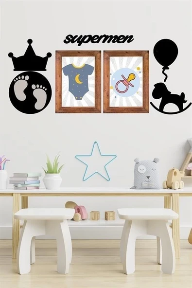 Deco103 Supermen Dekoratif Duvar Süsü Tablo Aksesuar Ahşap Tasarım Hediye Pano Sticker Seti - 2