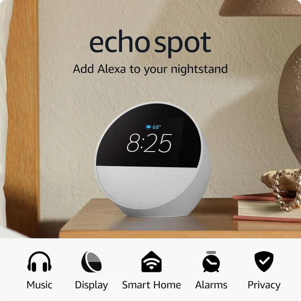 Amazon Echo Spot Alarmlı Saat Akıllı Asistan Hoporlör Beyaz - 7