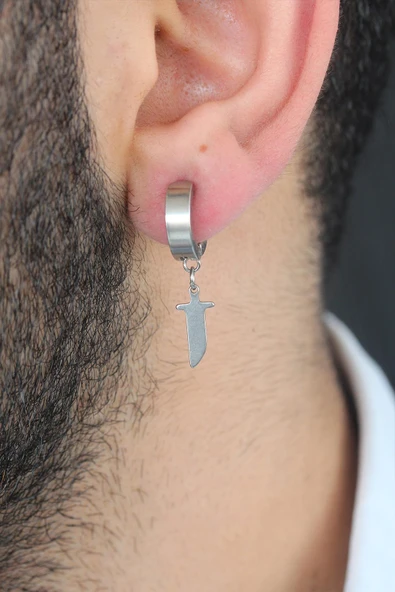 Silver Renk Kaplama Kılıç Figürlü Çelik Kıstırmalı Erkek Küpe - TJ-EKP129 - 2