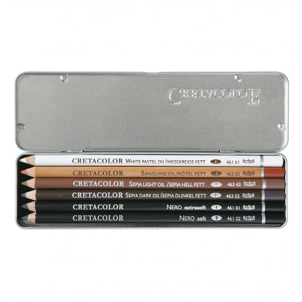 Cretacolor Oil Pencils Drawing Set Yağlı Çizim Kalemleri Eskiz Seti 6'lı Metal Kutu / 400 07 - Resim 2