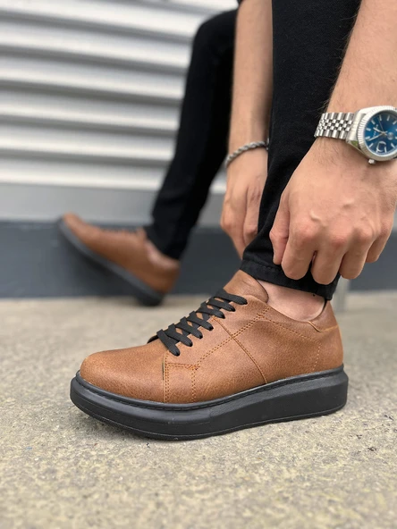 Boost Bağcıklı Deri Erkek Günlük Sneaker Ayakkabı - Taba Siyah - 2