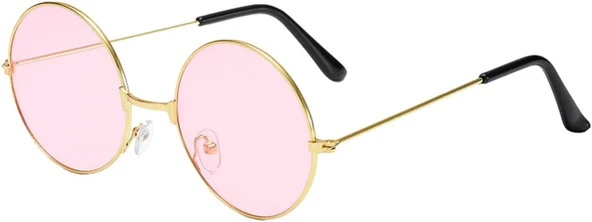 Yulak Cam John Lennon Tarzı Hippi Gold Çerçeveli Pembe Gözlük