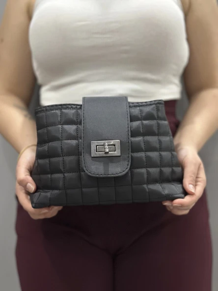 Kapaklı kapitone siyah cilt çanta - Resim 4