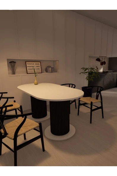 mokaparkavm Yemek Masası Oval Dekoratif Ahşap Ayaklı Beyaz Mutfak Masası - 3