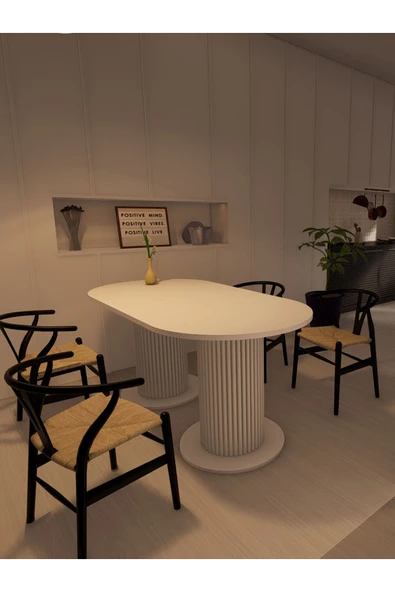 mokaparkavm Yemek Masası Oval Dekoratif Ahşap Ayaklı Beyaz Mutfak Masası - 5