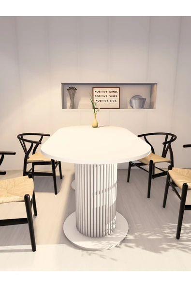 mokaparkavm Yemek Masası Oval Dekoratif Ahşap Ayaklı Beyaz Mutfak Masası - 4