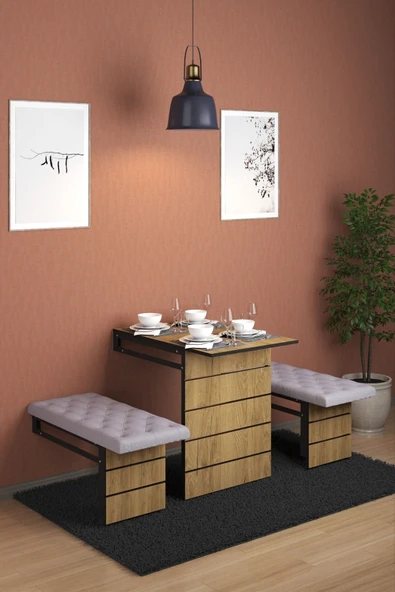 mokaparkavm Mokapark Katlanır Raylı Mutfak Balkon Masa Dekoratif Çift Tabure Ayaklı Duvara Monte Alya