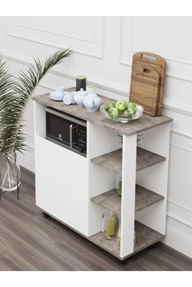 mokaparkavm 2 Kapaklı 3 Raflı Tekerlekli Mikrodalga Fırın Dolabı Çok Amaçlı Dolap - 3