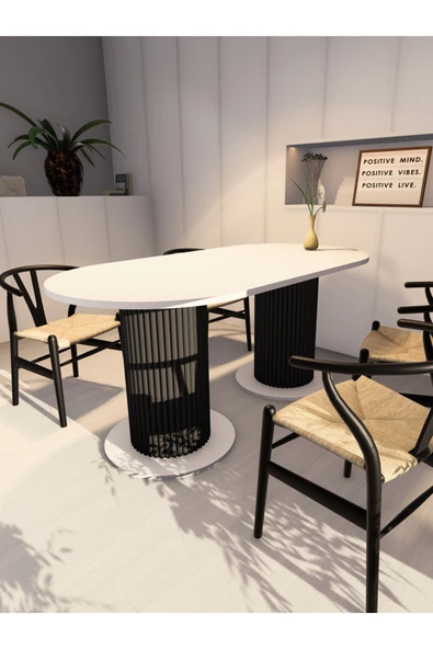 mokaparkavm Yemek Masası Oval Dekoratif Ahşap Ayaklı Beyaz Mutfak Masası - 4