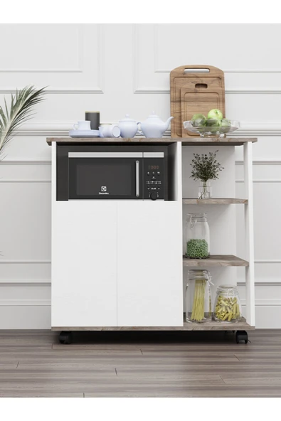 mokaparkavm 2 Kapaklı 3 Raflı Tekerlekli Mikrodalga Fırın Dolabı Çok Amaçlı Dolap