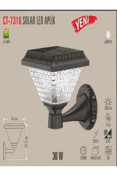 Cata  CT 7316 Solar Duvar Armatür 30W 6400K Beyaz Işık - 2