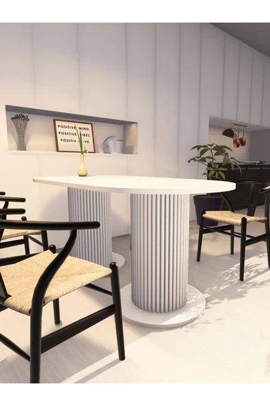 mokaparkavm Yemek Masası Oval Dekoratif Ahşap Ayaklı Beyaz Mutfak Masası - 2