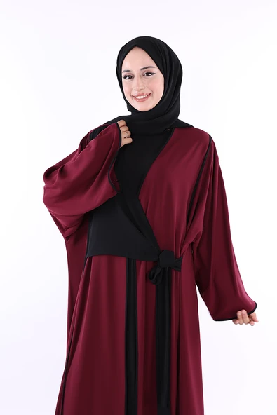 Önden Bağlama Detaylı Abaya 70005 Bordo - Resim 4