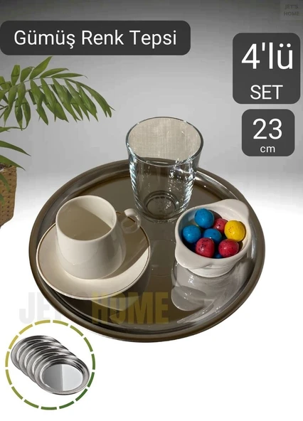4’lü Set Lüx Sunum Tepsisi Paslanmaz Kahve Tepsisi Çelik Tepsi Yuvarlak Çeyizlik Tepsi 23 cm - 3