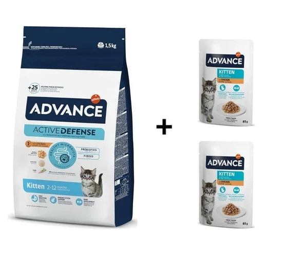 Advance Tavuklu Yavru Kedi Maması 1,5 Kg + 2 Adet Advance Tavuklu Yavru Kedi Pouch Yaş Maması 85 Gr