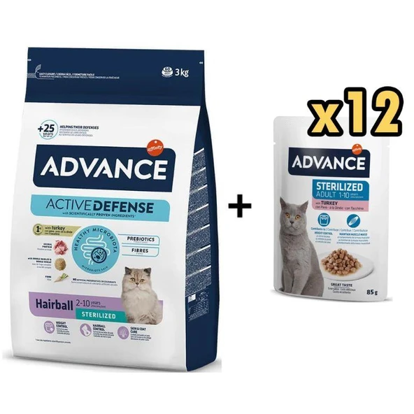 Advance Hairball Hindili Kısırlaştırılmış Kedi Maması 3 Kg + 12 Adet Advance Hindili Kısır Kedi Pouch Yaş Maması 85 Gr