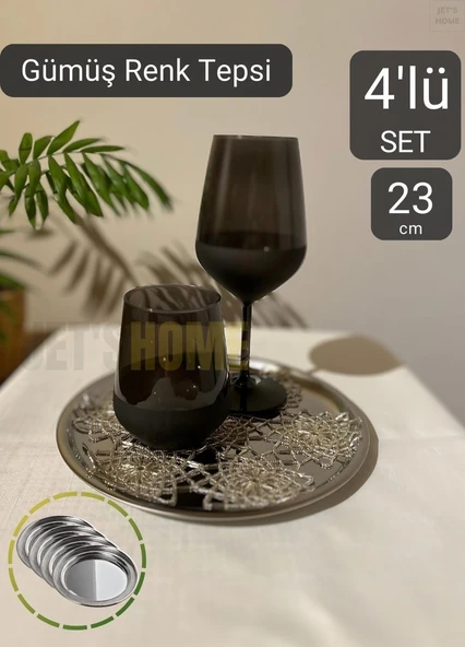 4’lü Set Lüx Sunum Tepsisi Paslanmaz Kahve Tepsisi Çelik Tepsi Yuvarlak Çeyizlik Tepsi 23 cm - 2