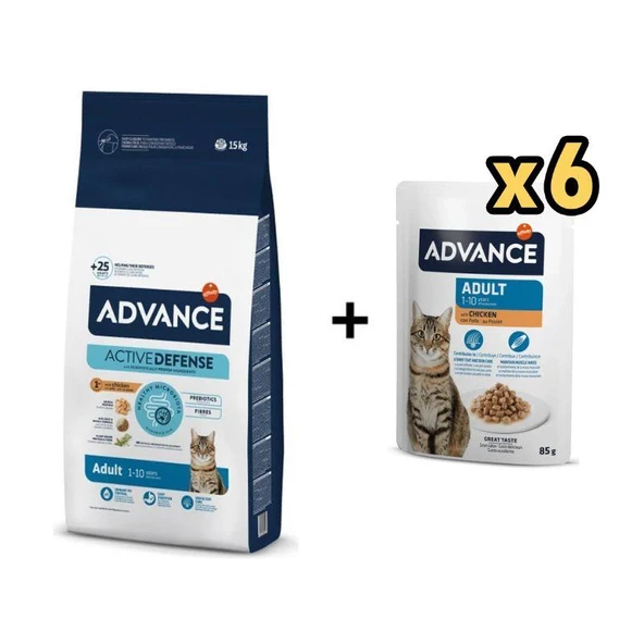 Advance Tavuklu Yetişkin Kedi Maması 15 Kg + 6 Adet Advance Tavuklu Yetişkin Kedi Pouch Yaş Maması 85 Gr