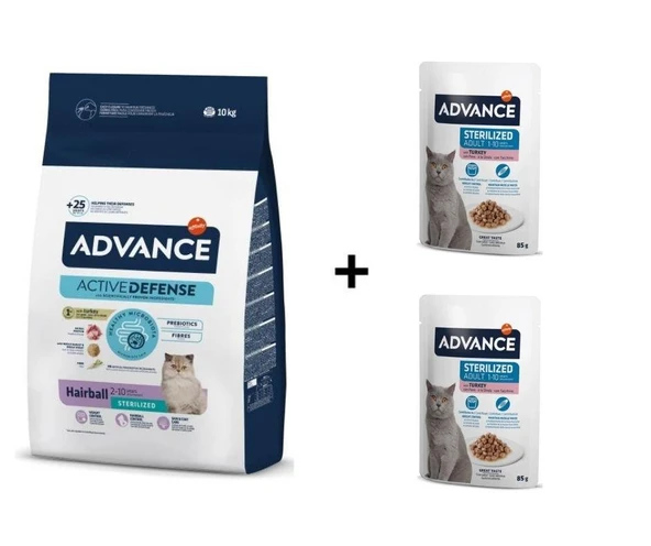 Advance Hairball Hindili Kısırlaştırılmış Kedi Maması 10 Kg + 2 Adet Advance Hindili Kısır Kedi Pouch Yaş Maması 85 Gr