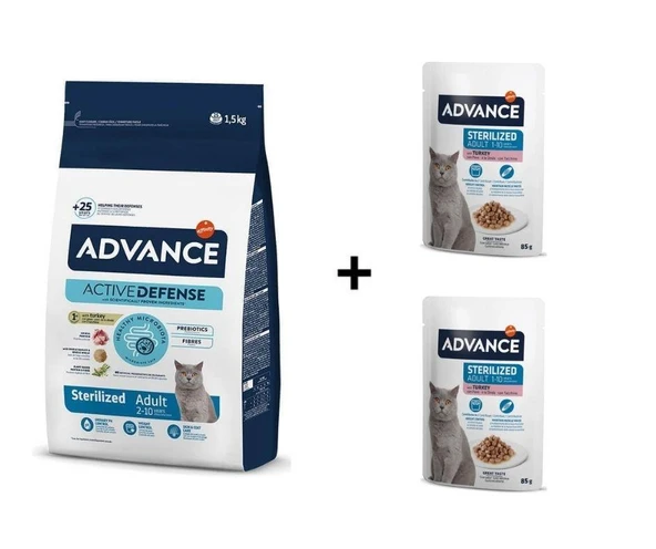 Advance Hindili Kısırlaştırılmış Kedi Maması 1,5 kg + 2 Advance Hindili Kısır Kedi Pouch Yaş Maması 85 Gr ürün görseli