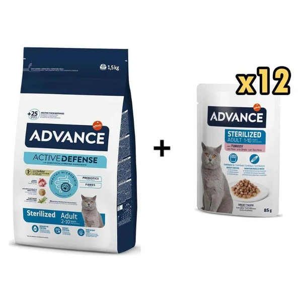 Advance Hindili Kısırlaştırılmış Kedi Maması 1,5 kg + 12 Advance Hindili Kısır Kedi Pouch Yaş Maması 85 Gr