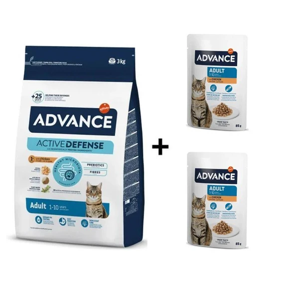 Advance Tavuklu Yetişkin Kedi Maması 3 Kg + 2 Adet Advance Tavuklu Yetişkin Kedi Pouch Yaş Maması 85 Gr