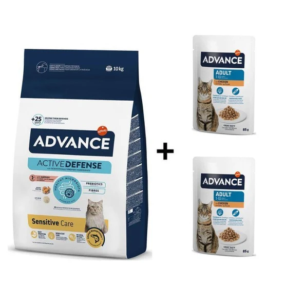Advance Somonlu Hassas Yetişkin Kedi Maması 10 Kg + 2 Adet Advance Tavuklu Yetişkin Kedi Pouch Yaş Maması 85 Gr ürün görseli 1