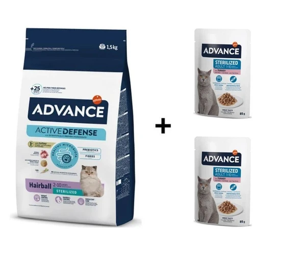 Advance Hairball Hindili Kısırlaştırılmış Kedi Maması 1,5 Kg + 2 Adet Advance Hindili Kısır Kedi Pouch Yaş Maması 85 Gr