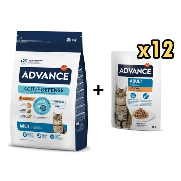 Advance Tavuklu Yetişkin Kedi Maması 3 Kg + 12 Adet Advance Tavuklu Yetişkin Kedi Pouch Yaş Maması 85 Gr