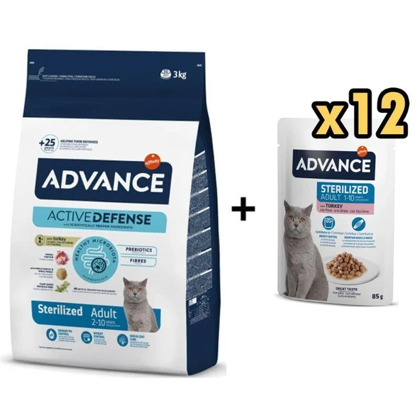 Advance Hindi Etli Kısırlaştırılmış Kedi Maması 3 kg + 12 Adet Advance Hindili Kısır Kedi Pouch Yaş Maması 85 Gr