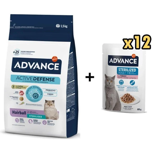 Advance Hairball Hindili Kısırlaştırılmış Kedi Maması 1,5 Kg + 12 Adet Advance Hindili Kısır Kedi Pouch Yaş Maması 85 Gr