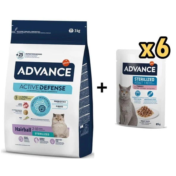 Advance Hairball Hindili Kısırlaştırılmış Kedi Maması 3 Kg + 6 Adet Advance Hindili Kısır Kedi Pouch Yaş Maması 85 Gr