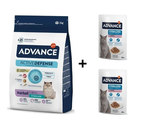 Advance Hairball Hindili Kısırlaştırılmış Kedi Maması 3 Kg + 2 Adet Advance Hindili Kısır Kedi Pouch Yaş Maması 85 Gr