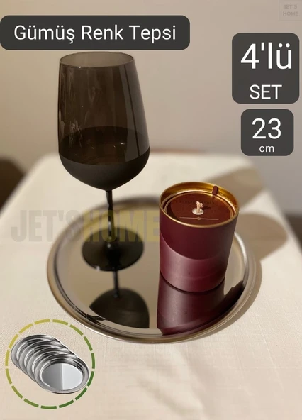 4’lü Set Lüx Sunum Tepsisi Paslanmaz Kahve Tepsisi Çelik Tepsi Yuvarlak Çeyizlik Tepsi 23 cm