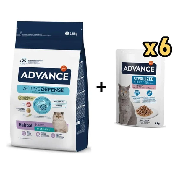 Advance Hairball Hindili Kısırlaştırılmış Kedi Maması 1,5 Kg + 6 Adet Advance Hindili Kısır Kedi Pouch Yaş Maması 85 Gr