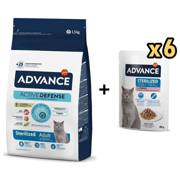 Advance Hindili Kısırlaştırılmış Kedi Maması 1,5 kg + 6 Advance Hindili Kısır Kedi Pouch Yaş Maması 85 Gr