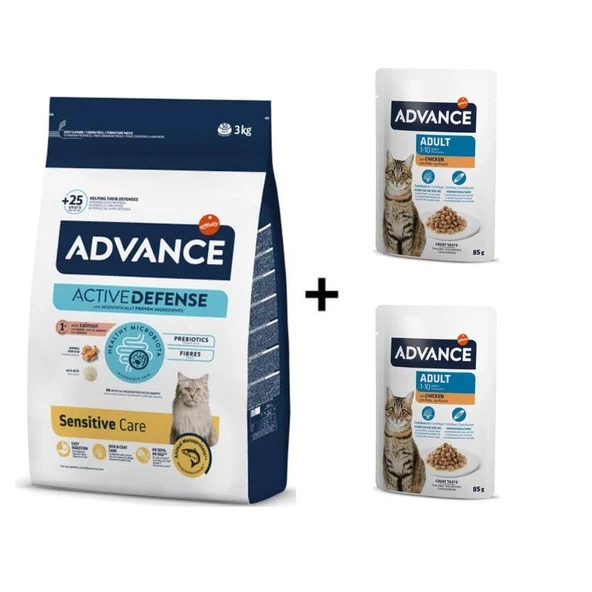Advance Somonlu Yetişkin Kedi Maması 3 kg + 2 Adet Advance Tavuklu Yetişkin Kedi Pouch Yaş Maması 85 Gr