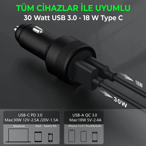 USB Type C Araç Şarj Cihazı Siyah Renk- 2 Port, Hızlı Şarj 30W Çakmaklık Adaptörü - 5