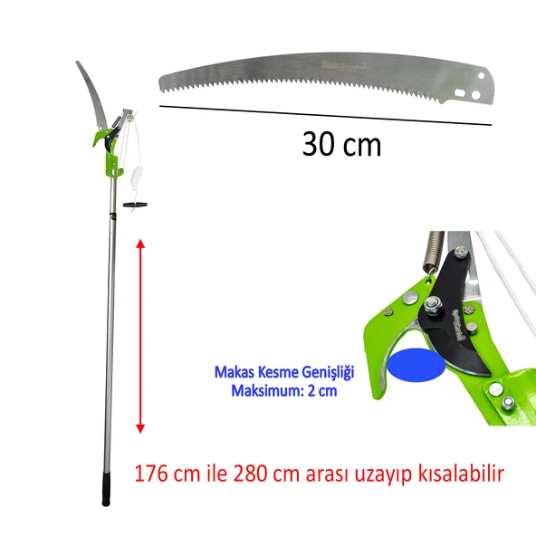 Ayarlanabilir 280 cm Teleskopik Alüminyum Saplı Yüksek Yerlerde Ağaç Dal Kesme Budama Makası Testere - 3