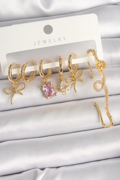 Pirinç Gold Renk Sallantı Kurdele Model Pembe Kare Zirkon Taşlı Kadın Küpe Seti - TJ-BKP10367