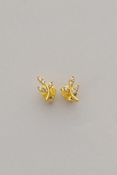 Gümüş altın yaldızlı zirkon taşlı yaprak küpe  SGTL12846GOLD - 4
